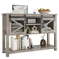 Farmhouse Entryway Console Sofa Table 46 Narrow Accent Table with Sliding Barn Doors & Storage Shelves, Ideal for Foyer or Living Room Decor