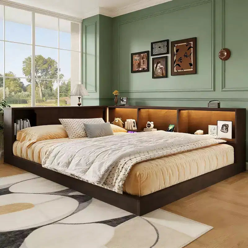 Lit de repos moderne Queen avec 5 étagères de rangement, prises et lumière