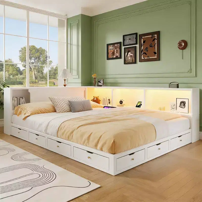 Lit de repos moderne Queen avec 5 étagères de rangement, prises et lumière