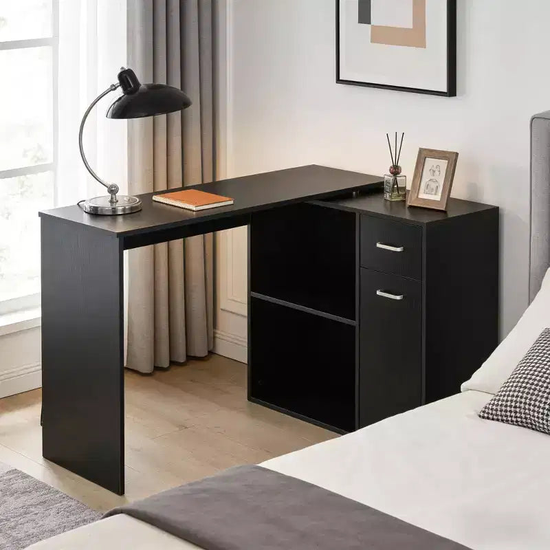 Bureau d'angle en L rotatif avec armoire de rangement et étagères