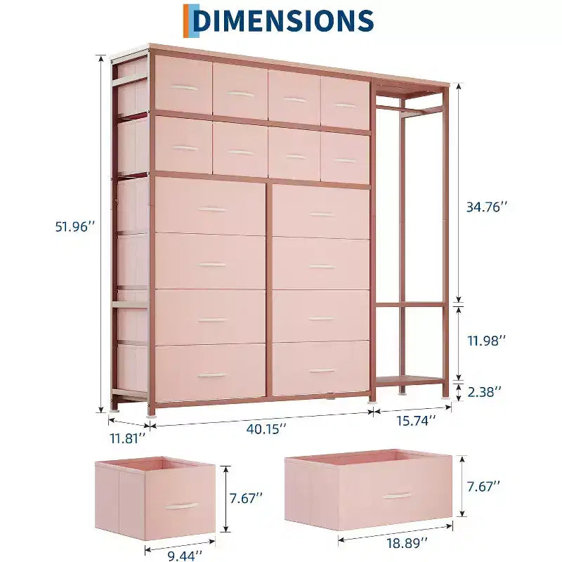 Étagère de rangement à 16 tiroirs en fer + MDF, tissu, pieds réglables, grande capacité, organisateur de rangement pour la maison