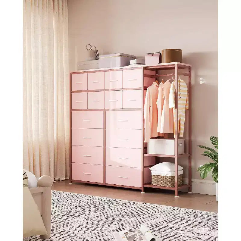 Étagère de rangement à 16 tiroirs en fer + MDF, tissu, pieds réglables, grande capacité, organisateur de rangement pour la maison