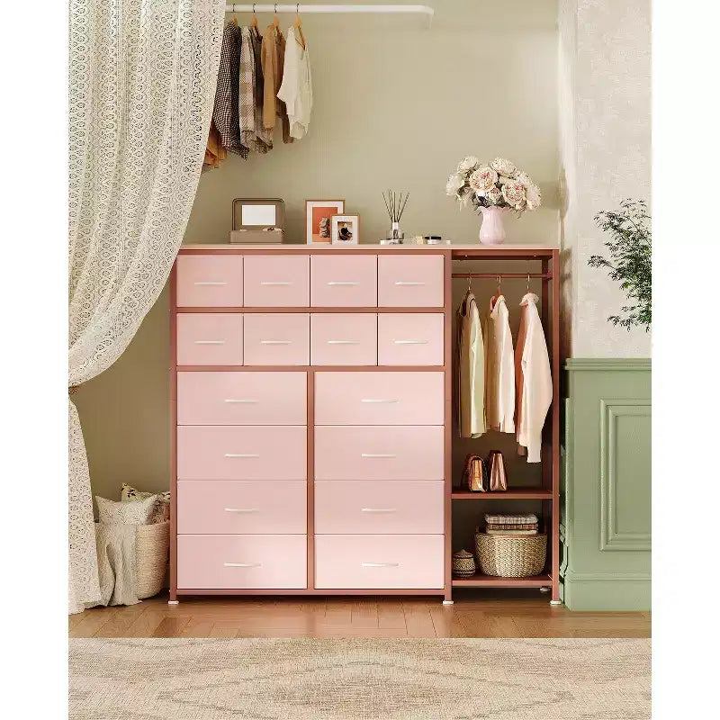 Étagère de rangement à 16 tiroirs en fer + MDF, tissu, pieds réglables, grande capacité, organisateur de rangement pour la maison