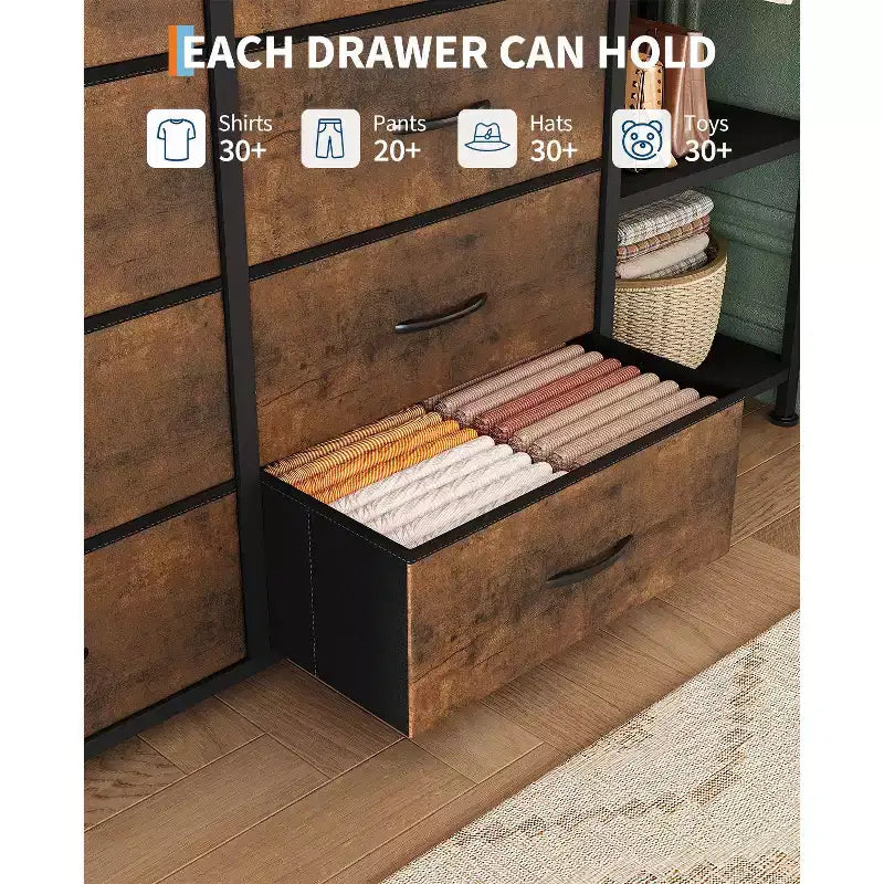 Étagère de rangement à 16 tiroirs en fer + MDF, tissu, pieds réglables, grande capacité, organisateur de rangement pour la maison