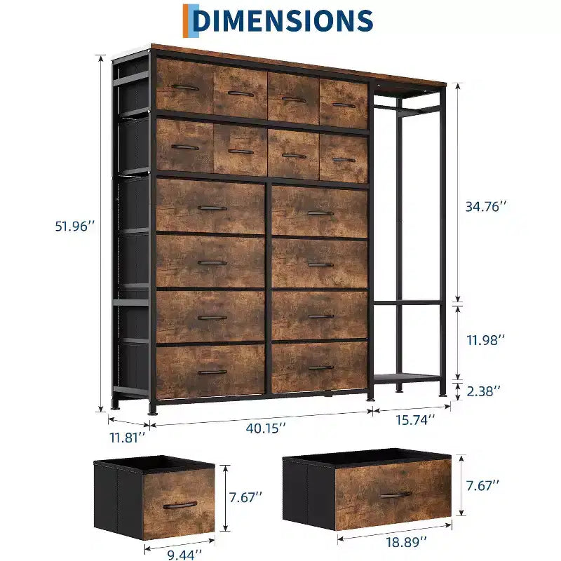 Étagère de rangement à 16 tiroirs en fer + MDF, tissu, pieds réglables, grande capacité, organisateur de rangement pour la maison