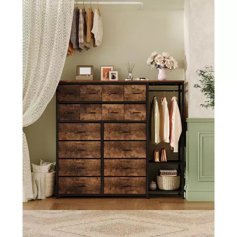 Étagère de rangement à 16 tiroirs en fer + MDF, tissu, pieds réglables, grande capacité, organisateur de rangement pour la maison