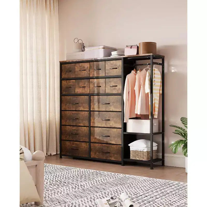 Étagère de rangement à 16 tiroirs en fer + MDF, tissu, pieds réglables, grande capacité, organisateur de rangement pour la maison