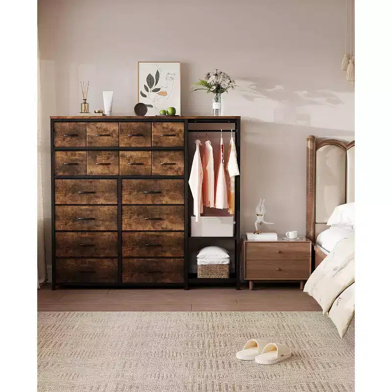 Étagère de rangement à 16 tiroirs en fer + MDF, tissu, pieds réglables, grande capacité, organisateur de rangement pour la maison