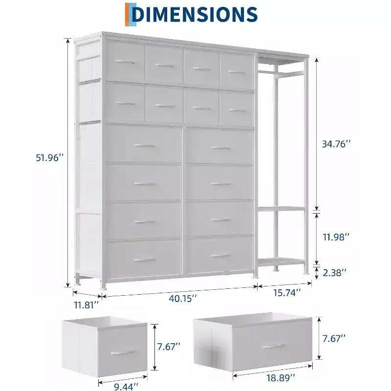 Étagère de rangement à 16 tiroirs en fer + MDF, tissu, pieds réglables, grande capacité, organisateur de rangement pour la maison