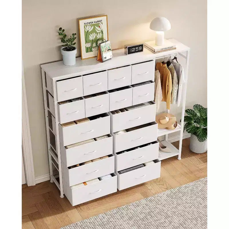 Étagère de rangement à 16 tiroirs en fer + MDF, tissu, pieds réglables, grande capacité, organisateur de rangement pour la maison