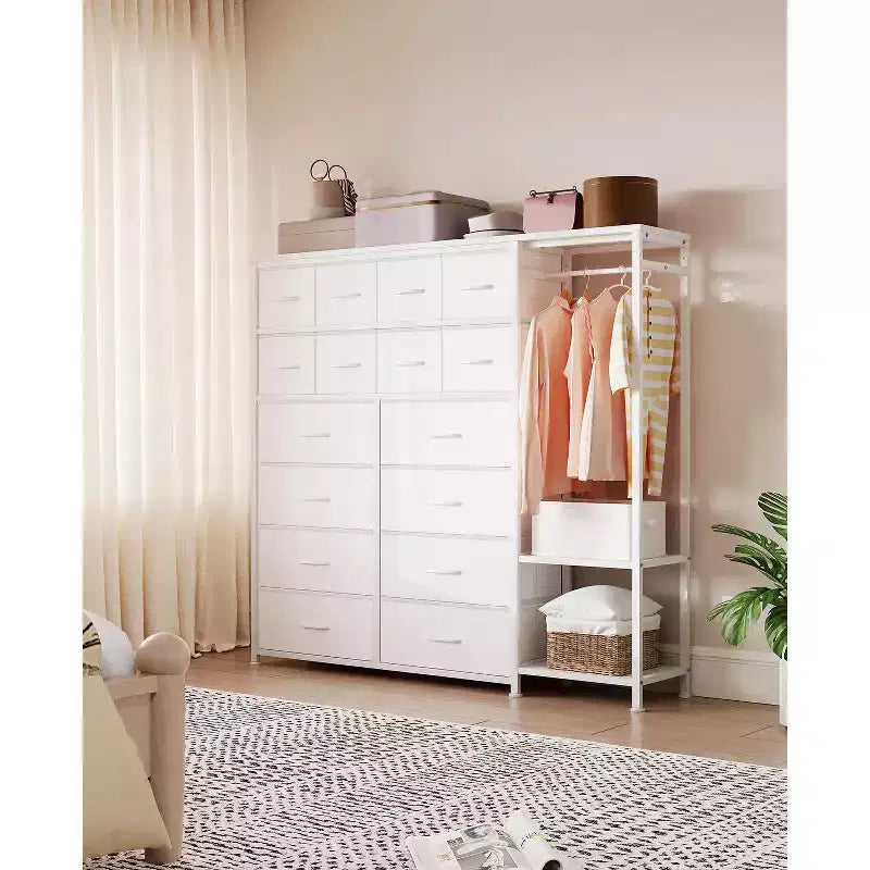 Étagère de rangement à 16 tiroirs en fer + MDF, tissu, pieds réglables, grande capacité, organisateur de rangement pour la maison