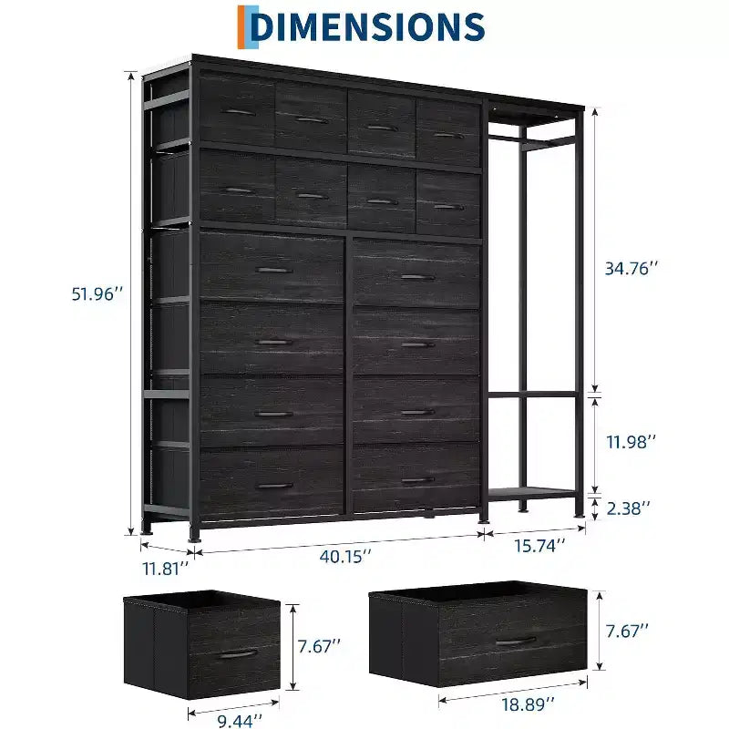 Étagère de rangement à 16 tiroirs en fer + MDF, tissu, pieds réglables, grande capacité, organisateur de rangement pour la maison