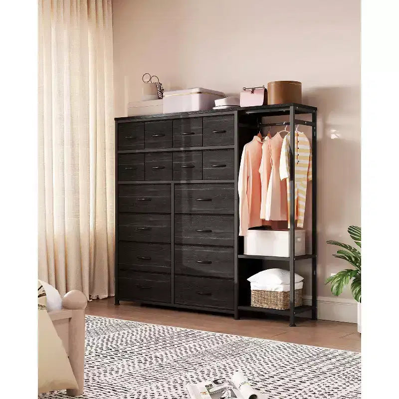 Étagère de rangement à 16 tiroirs en fer + MDF, tissu, pieds réglables, grande capacité, organisateur de rangement pour la maison