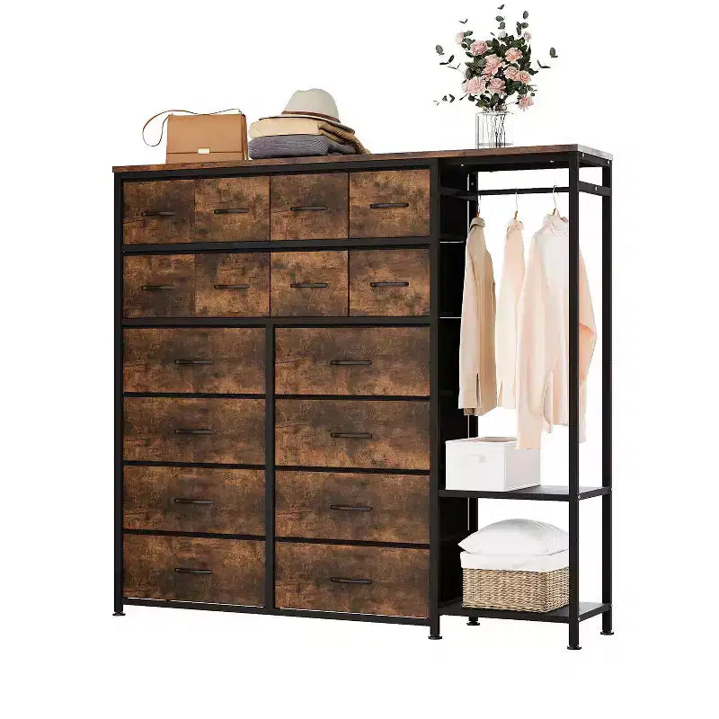 Étagère de rangement à 16 tiroirs en fer + MDF, tissu, pieds réglables, grande capacité, organisateur de rangement pour la maison