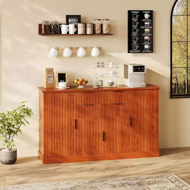 Buffet de Salle à Manger/Salon Style Ferme Moderne, Meuble Bar à Café, Table Console, 4 Portes, 2 Tiroirs, Étagère Réglable