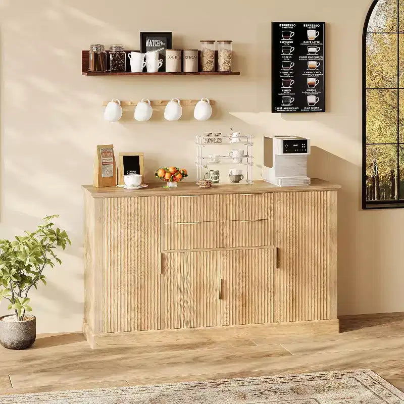 Buffet de Salle à Manger/Salon Style Ferme Moderne, Meuble Bar à Café, Table Console, 4 Portes, 2 Tiroirs, Étagère Réglable