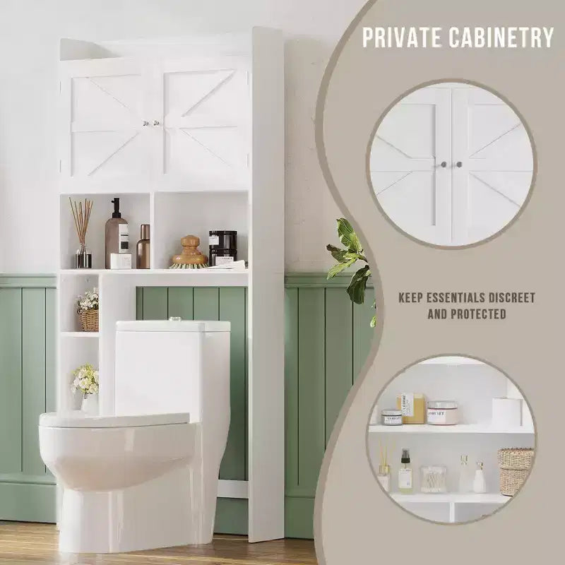 Meuble de rangement sur pied pour WC avec étagère réglable, meuble gain de place pour salle de bain avec portes doubles et étagères ouvertes, blanc