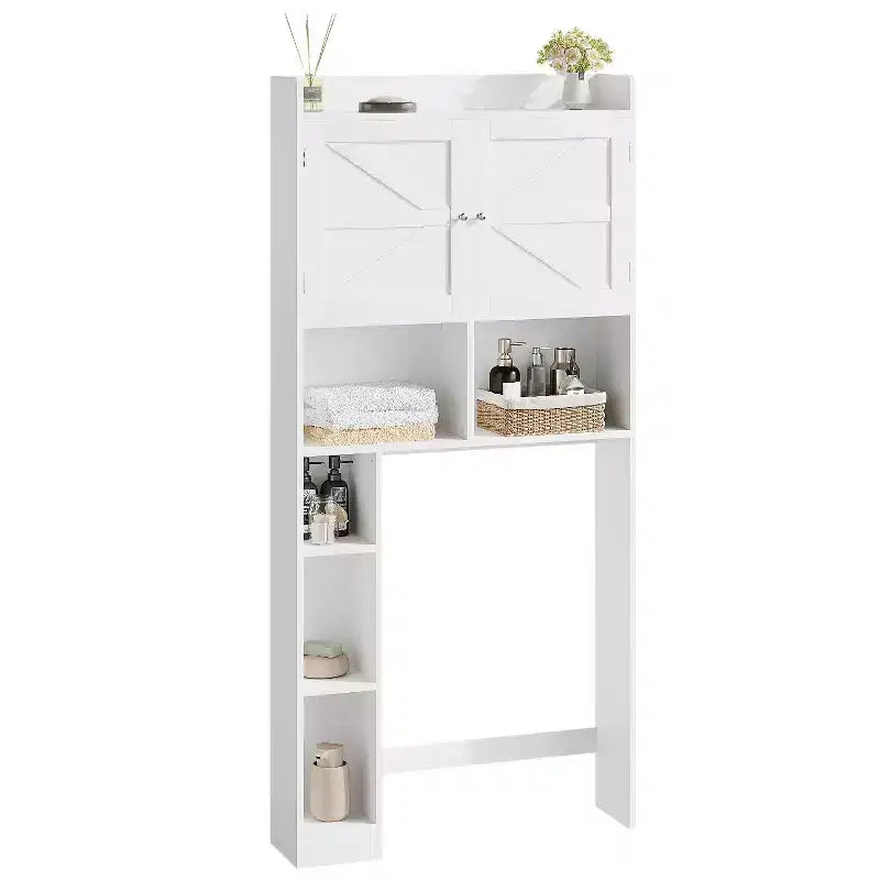 Meuble de rangement sur pied pour WC avec étagère réglable, meuble gain de place pour salle de bain avec portes doubles et étagères ouvertes, blanc