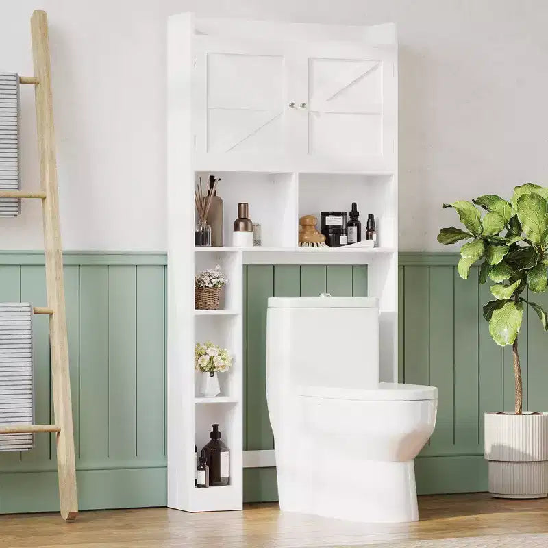 Over-the-Toilet Storage Cabinet with Adjustable Shelf, Bathroom Space Saver with Double Doors and Open Shelves, White