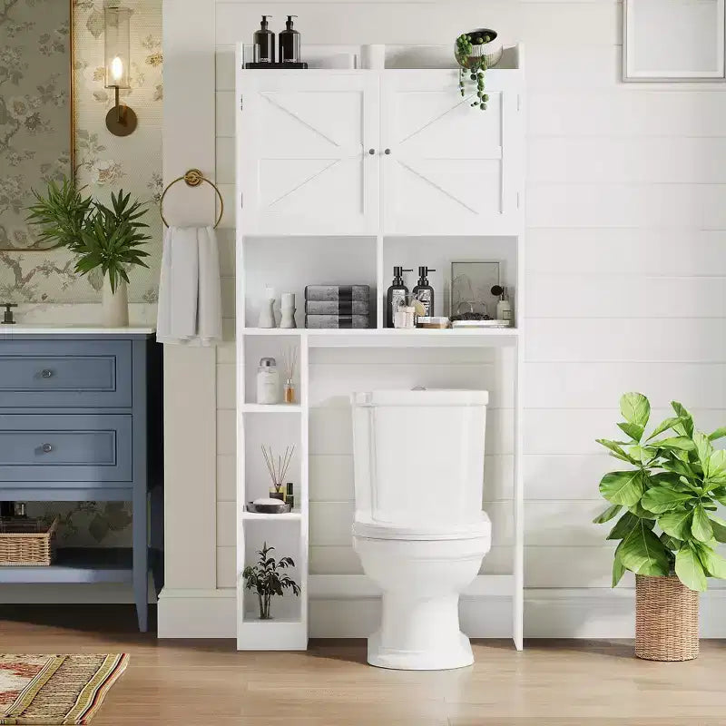 Meuble de rangement sur pied pour WC avec étagère réglable, meuble gain de place pour salle de bain avec portes doubles et étagères ouvertes, blanc