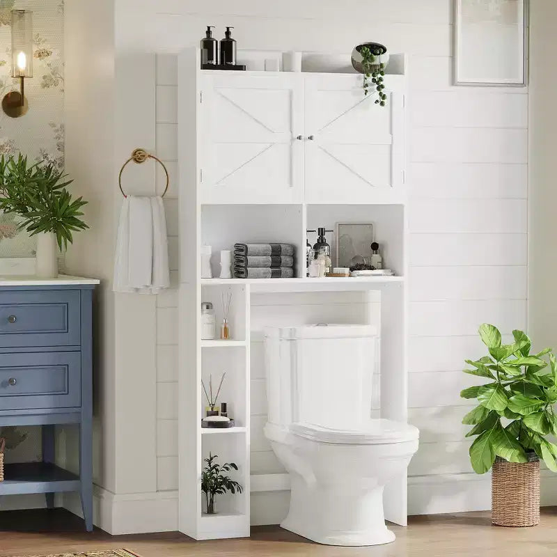 Meuble de rangement sur pied pour WC avec étagère réglable, meuble gain de place pour salle de bain avec portes doubles et étagères ouvertes, blanc