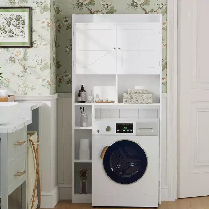 Meuble de rangement sur pied pour WC avec étagère réglable, meuble gain de place pour salle de bain avec portes doubles et étagères ouvertes, blanc