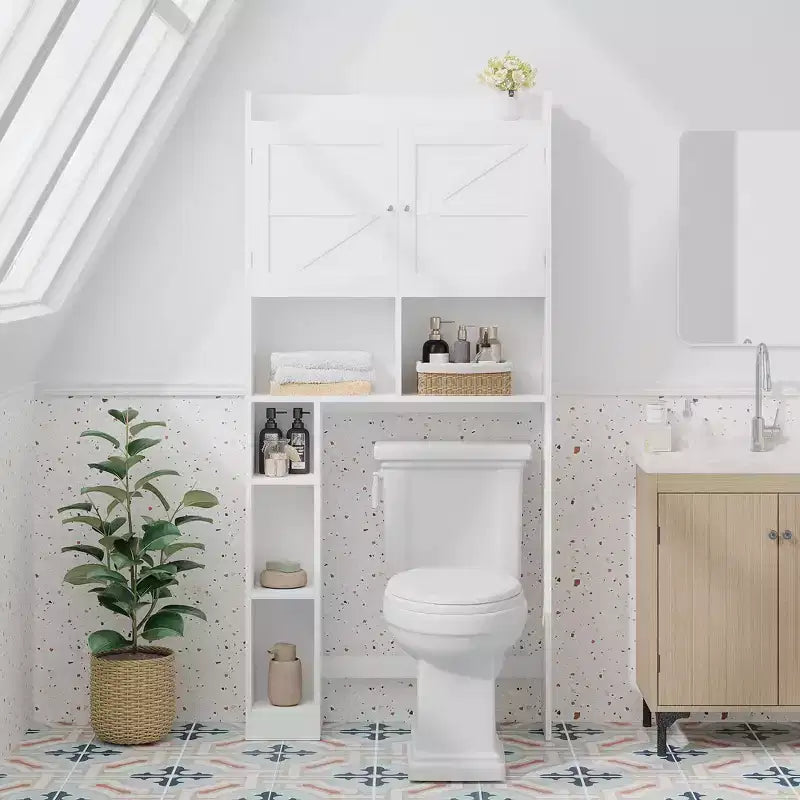 Meuble de rangement sur pied pour WC avec étagère réglable, meuble gain de place pour salle de bain avec portes doubles et étagères ouvertes, blanc