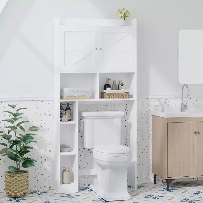 Meuble de rangement sur pied pour WC avec étagère réglable, meuble gain de place pour salle de bain avec portes doubles et étagères ouvertes, blanc