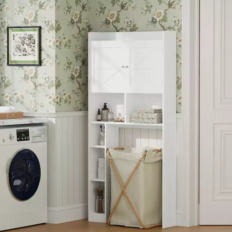Meuble de rangement sur pied pour WC avec étagère réglable, meuble gain de place pour salle de bain avec portes doubles et étagères ouvertes, blanc